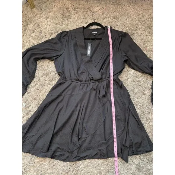 Steve Madden Women's L Black Shiny Leopard Faux Wrap Dress Knee Length - Picture 13 of 13